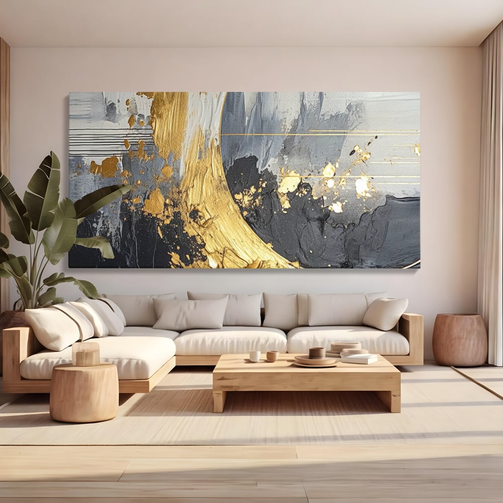 Tablou canvas cu pictura abstracta cu arc aurit si texturi gri, fara rama, pe sasiu de lemn, pe perete intr-un living